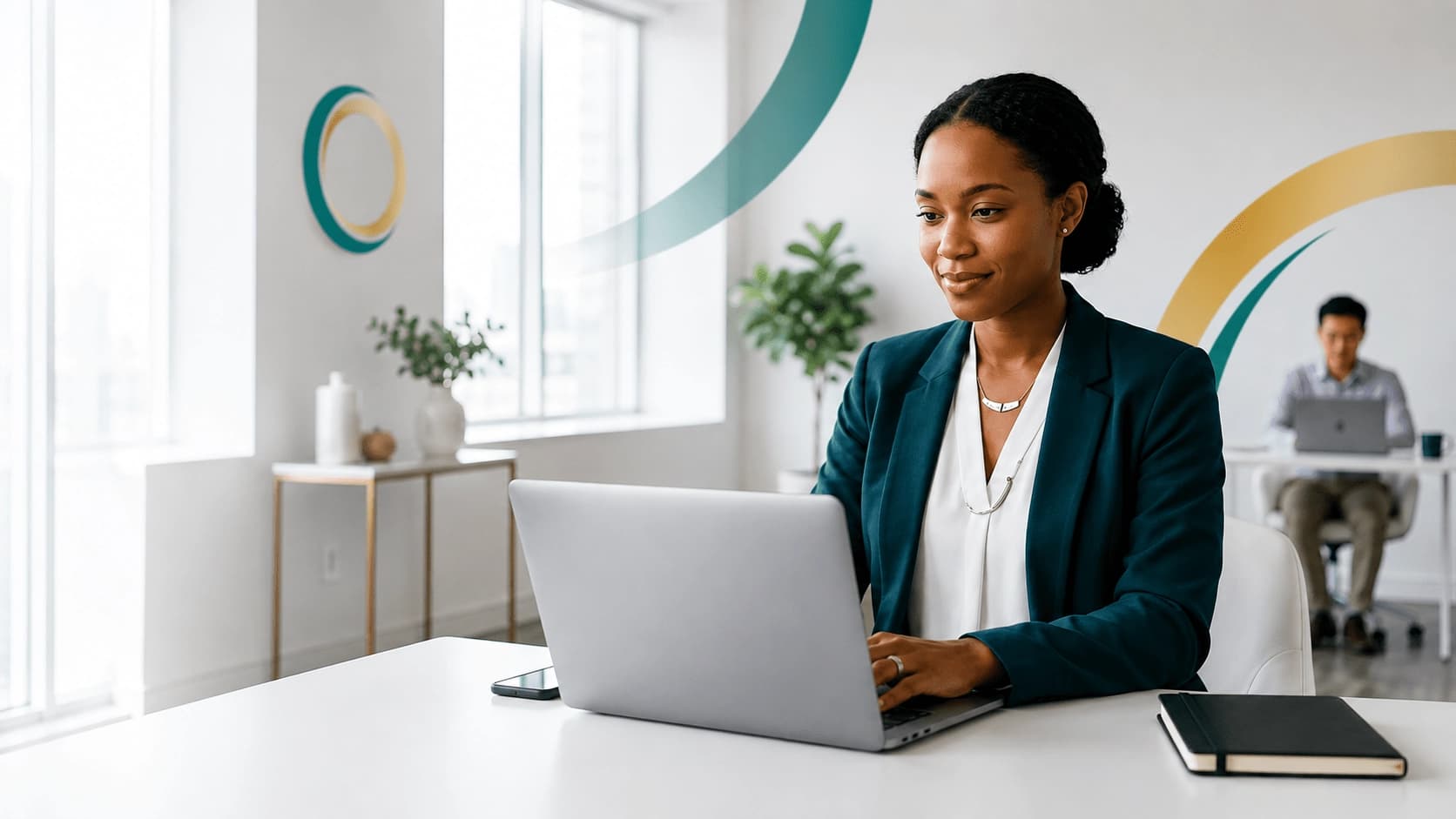 Healthcare revenue cycle specialist reviewing billing data on a laptop in a modern medical office